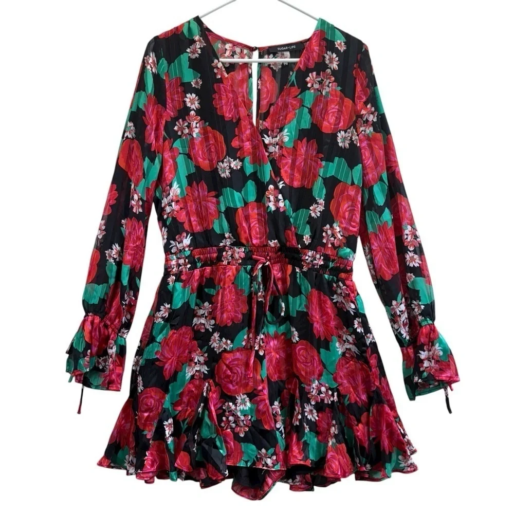 Sugarlips Rosabella Lover Black and Red Floral Romper. Size L